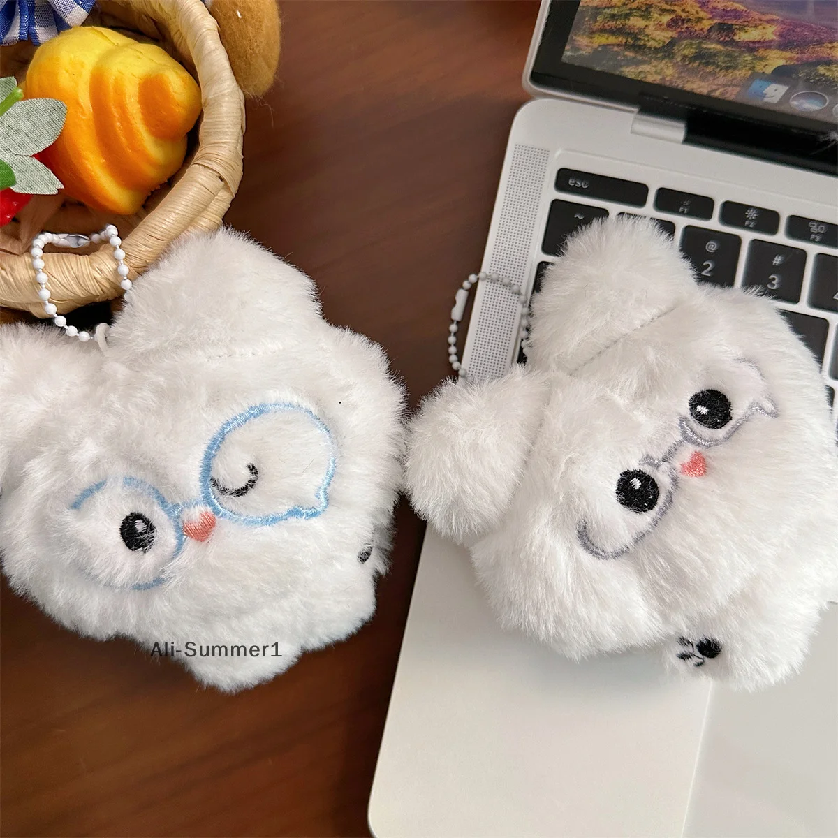 【E】Cute Bunny Plush Toy Keychain Cartoon Glasses Rabbit Soft Stuffed Doll Pendant KeyRing Backpack Bag Decor Kid Gift
