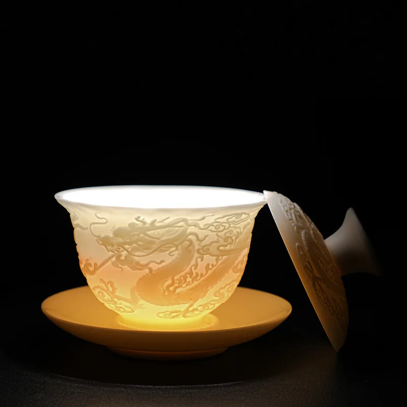 140ml Chinese Ceramic Gaiwan Teacup Handmade Three-dimensional Relief Dragon Tea Tureen White Porcelain Tea Bowl Teaware
