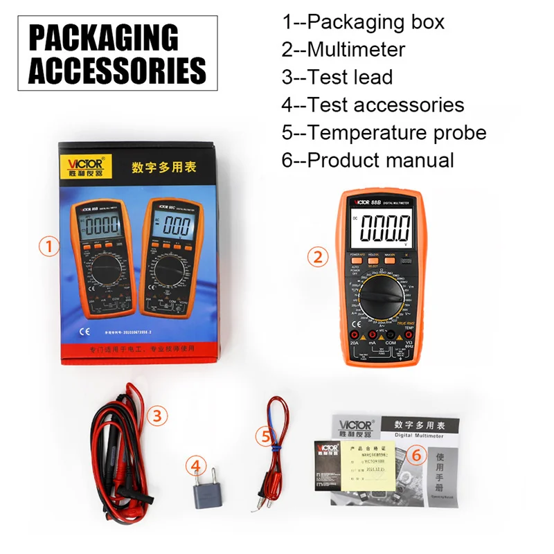 Victor 88B Digital Multimeter Ture RMS 2000 Counts LCD Tester New Capacitance Resistance Manual Range with Temperature Frequency