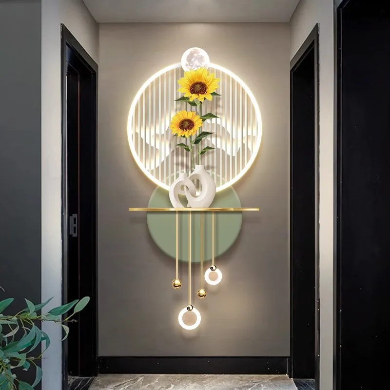 ひまわりのエントランス装飾絵画ウォールランプ、高級感のある廊下の端の照明付き