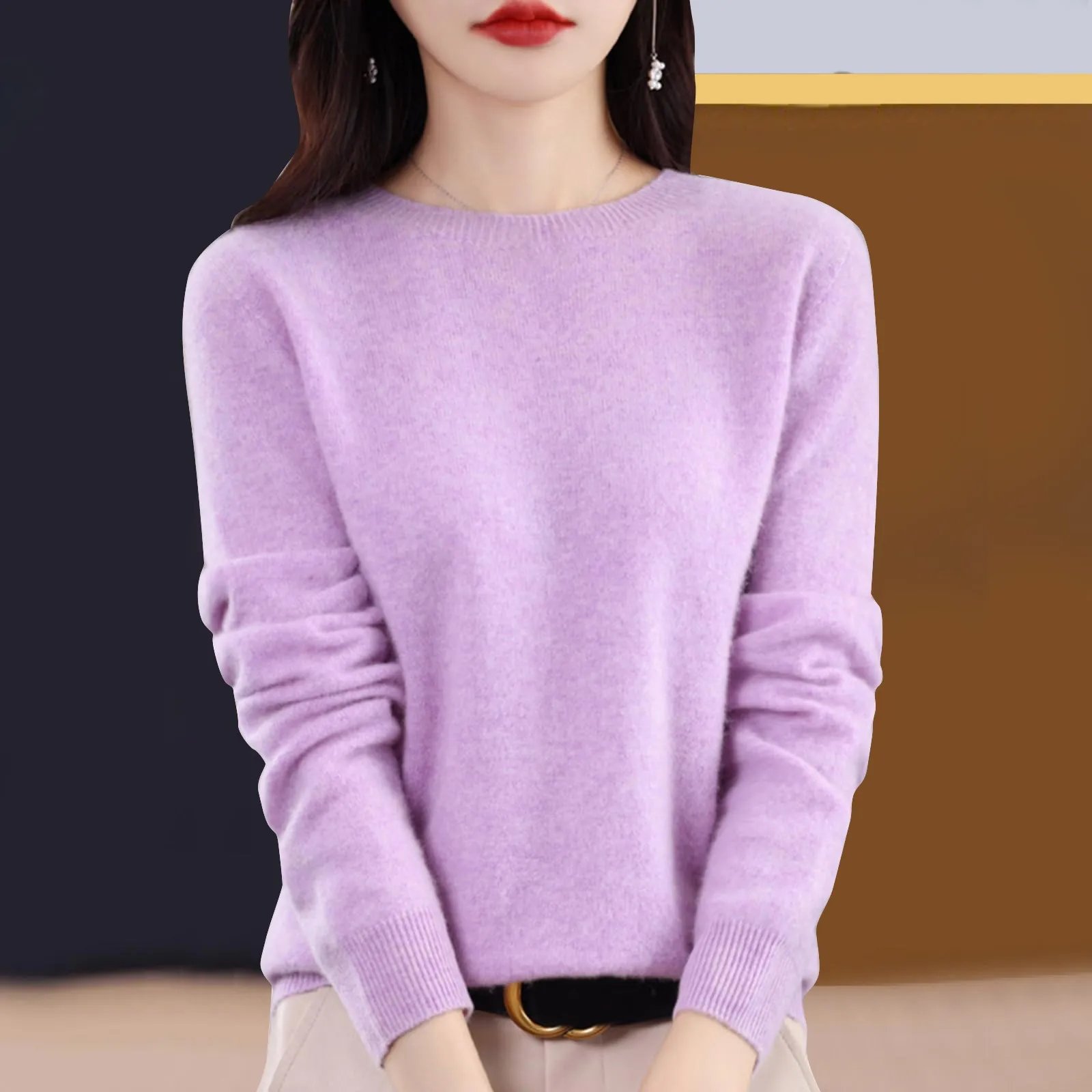 Casual Solid Color Comfy Bottoming Shirt Women Loose Round Neck Long Sleeved Thermal Underwear Cold Weather Knitted Sweater