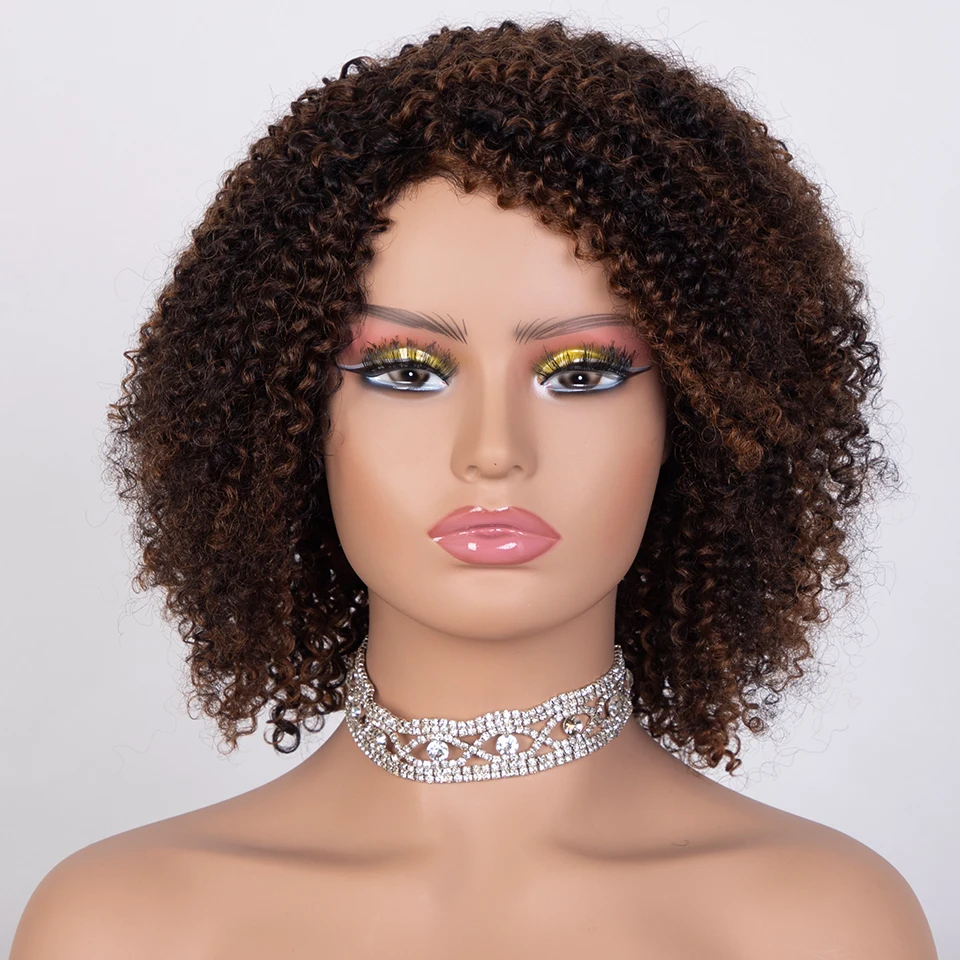 

Sleek Ombre Highlight Human Hair Wig With Bangs Colored Peruvian Curly Bob Wig For Women Afro Kinky Curly Human Hair Wigs