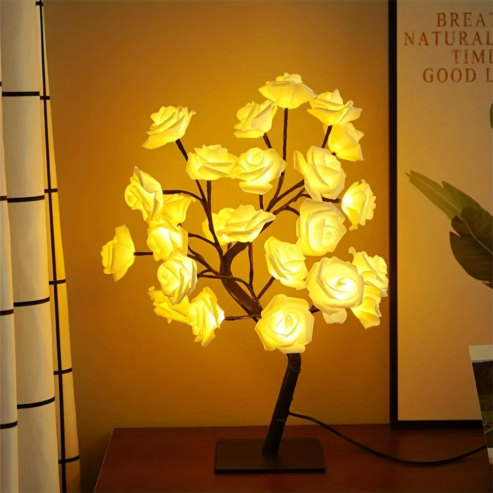 Enchanting Rose Tree USB Lamp - Adjustable LED Night Light w/ Detachable Base & Warm White Glow for Home/Office Decor