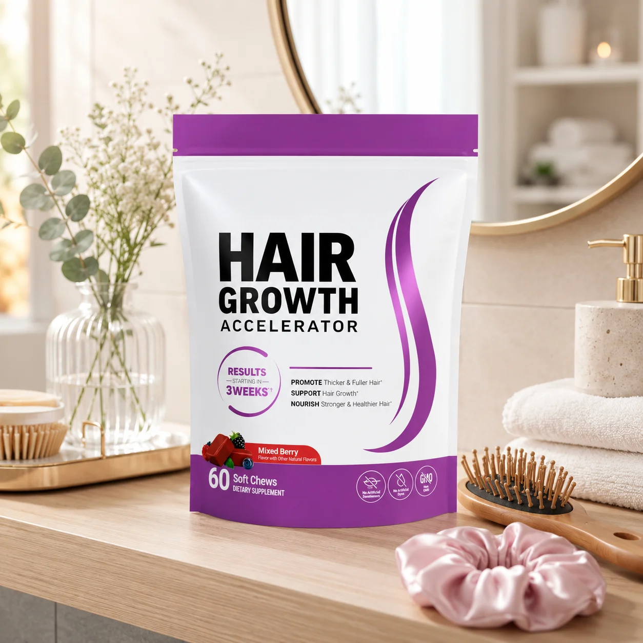 

Hair Growth Soft Chews for Adults Vitamins Support Thicker Fuller Stronger Looking Hair Mixed Berry Flavor 60 Soft Chews
