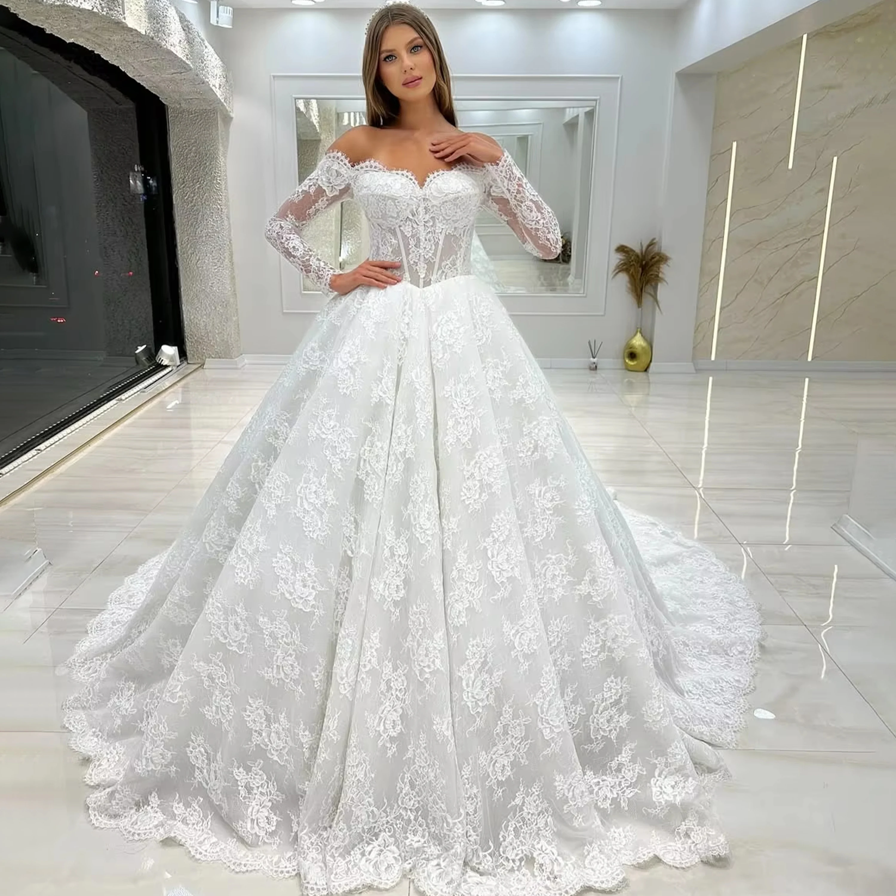 Luxury Ball Gowns Wedding Dress Luxury Beaded Appliques Sequins Off Shoulder Long Sleeve Pleat Bridal Dresses 2026 Customized