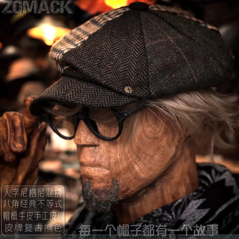 Handmade Amekaji Retro Octagonal Cap Female Beret Newsboy Men's Peaked Houndstooth Yupi European Station Fashion