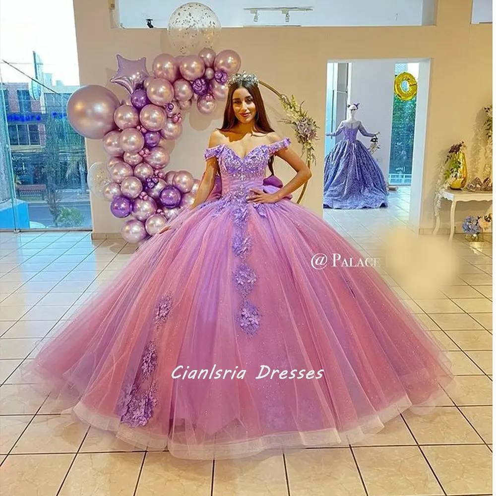 Lavendel Off De Schouder Boog Terug Quinceanera Jurken Baljurk Bloemen Applicaties Lace Corset Voor Zoete 15 Meisjes Party