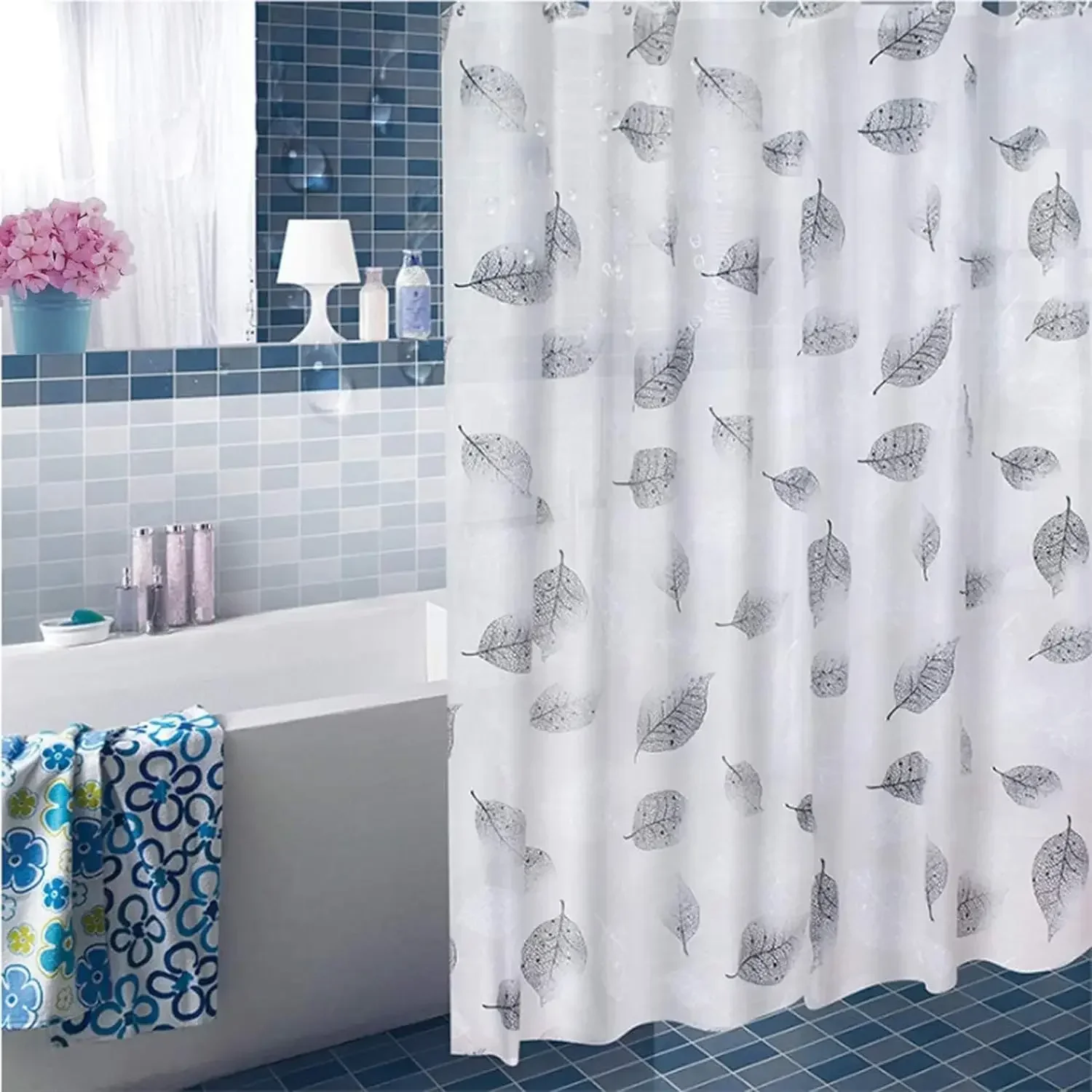 1pcs  Semi Sheer Lightweight Bath Print Shower Curtain Ptinted Leaf Shower Curtain Liner Water Repellent Bathroom Curtains