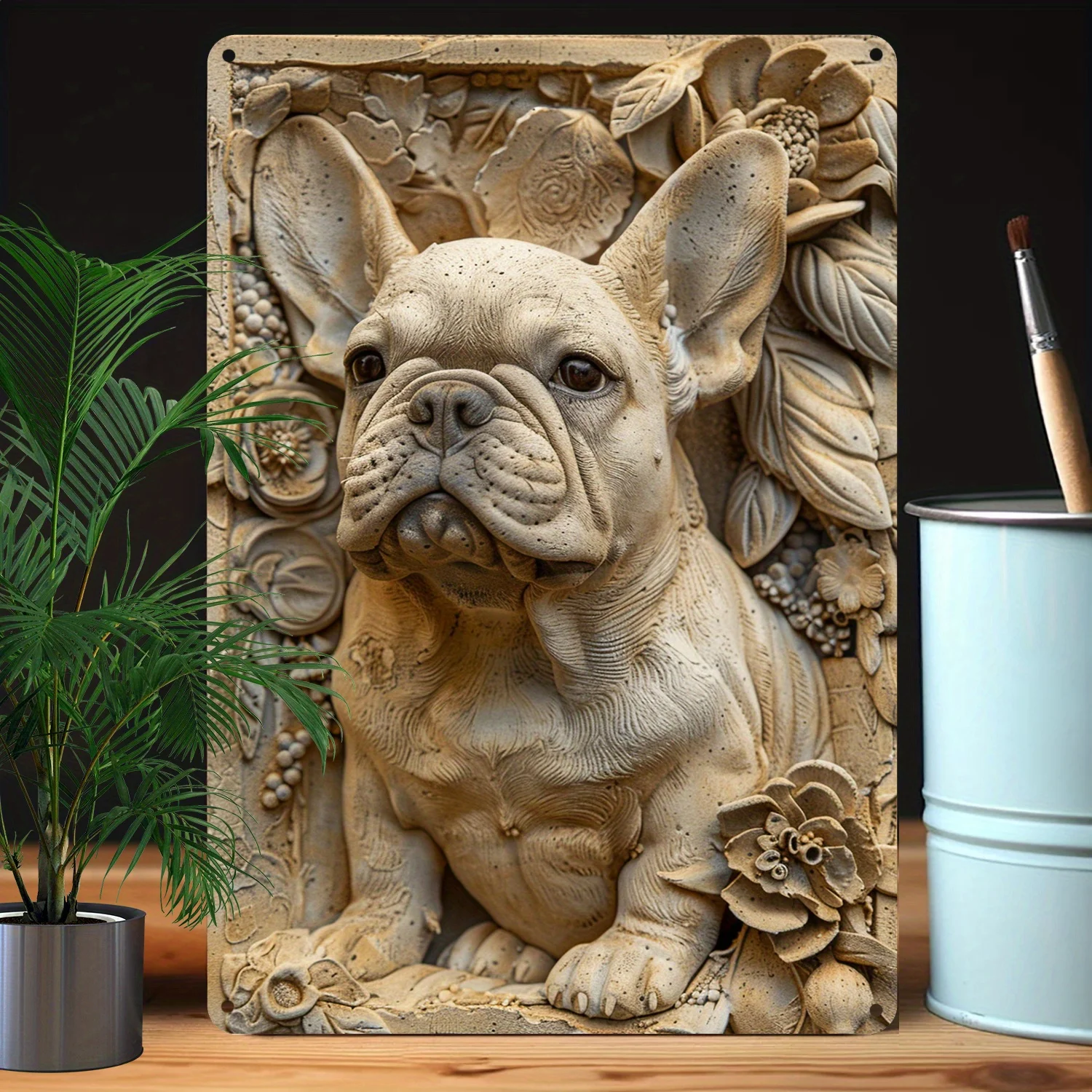 Embossed French Bulldog Metal Wall Art, Moisture Resistant & High Bend Resistance, Autumn-Winter Theme Decor, Ideal for Home