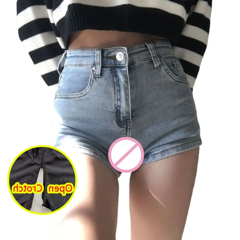 Woman Sexy Open Crotch Mini Jeans Couple Outdoor Sex Tools Zipper Low Waist Erotic Crothless Shorts Booty Lifter Open-Seats Pant