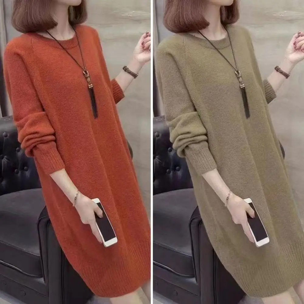 Loose Women Sweater Cozy Knitted Women's Sweater Dress Solid Color Long Sleeve Mid-calf Length Warm Pullover for Fall Winter