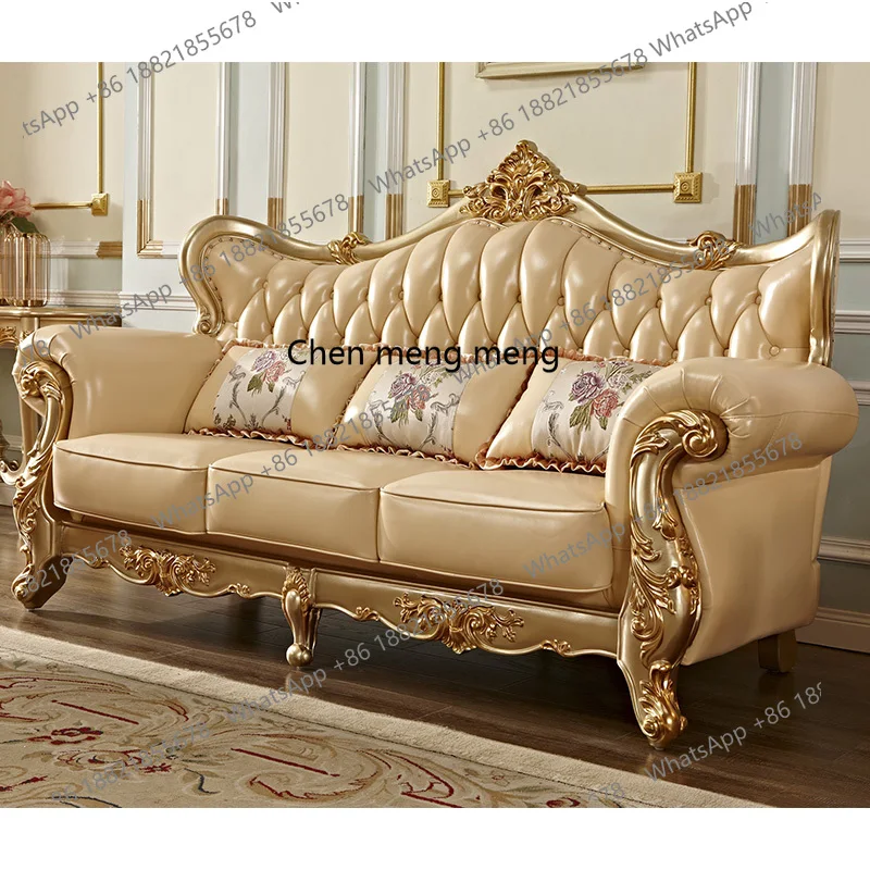 

European sofa leather small apartment luxury living room full solid wood carving flower first layer cowhide furniture