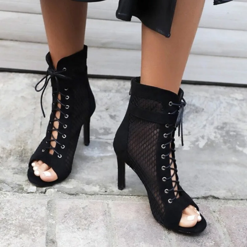 

New Fashion Show Black Net Fabric Cross Strap Sexy High Heel Sandals Woman Shoes Pumps Lace-up Peep Toe Sandals Casual Mesh 43
