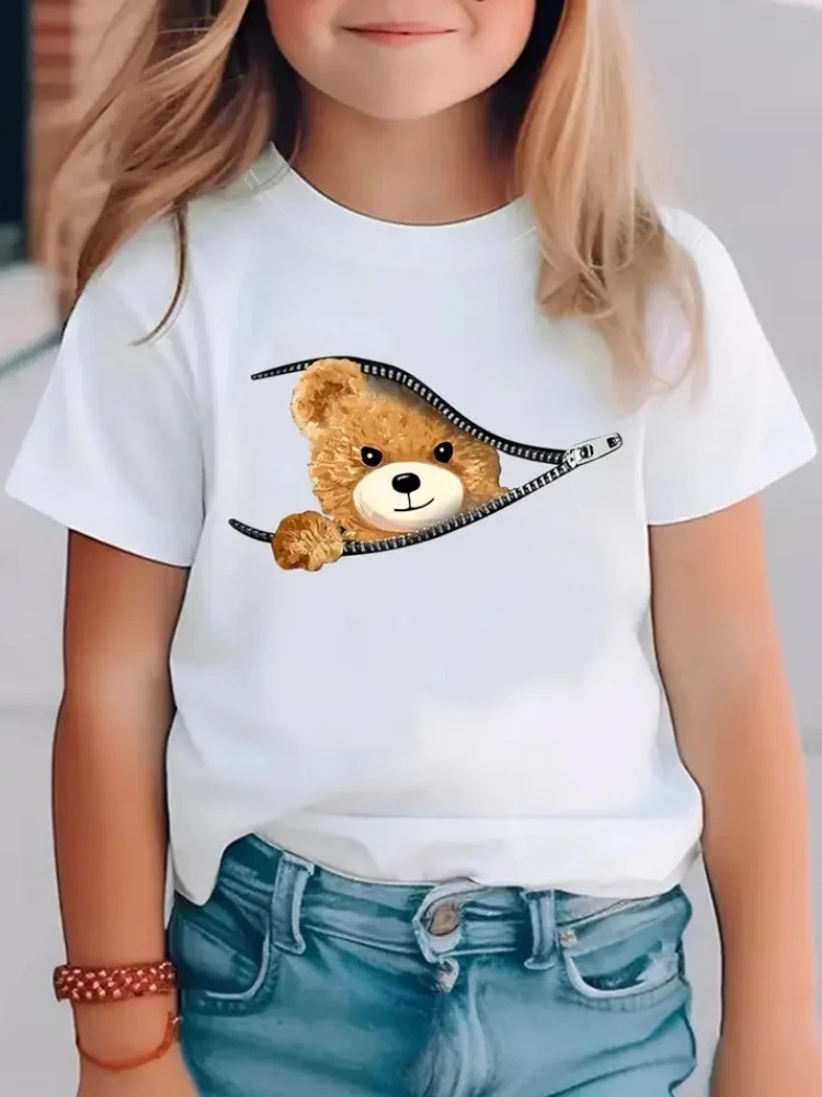 Kids Girls Clothes Summer Girls Clothes O-Neck Kids T Shirt Teen Girl Clothes Animal Zipper Short Sleeve Girls Clothing T-Shirt