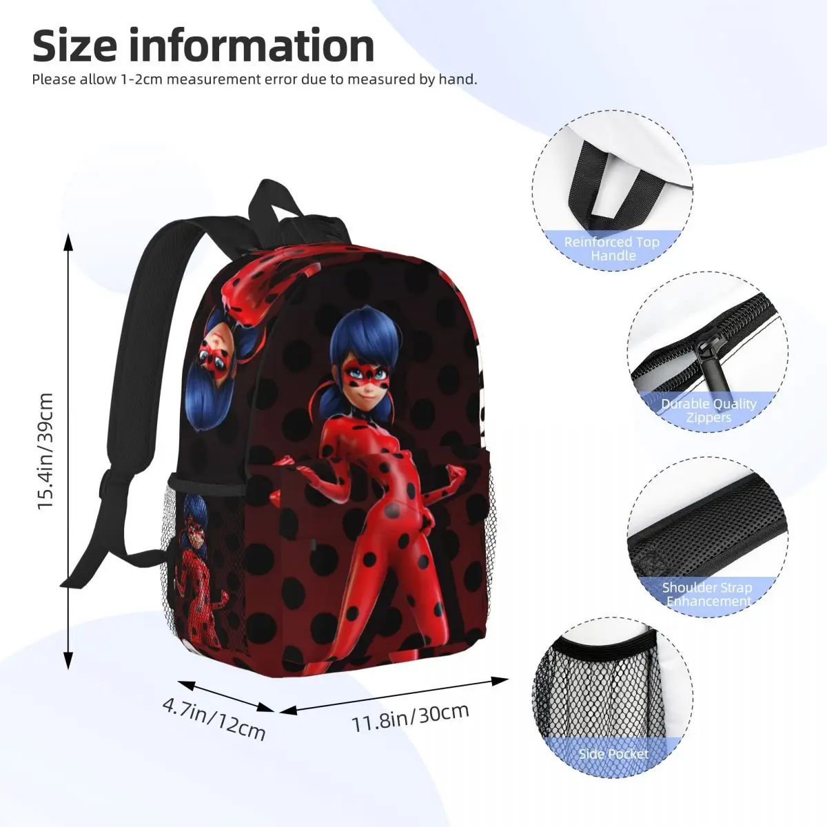 Miraculous Ladybug For Girls Boys Large Capacity Student Backpack Lightweight waterproof Backpack 15inch