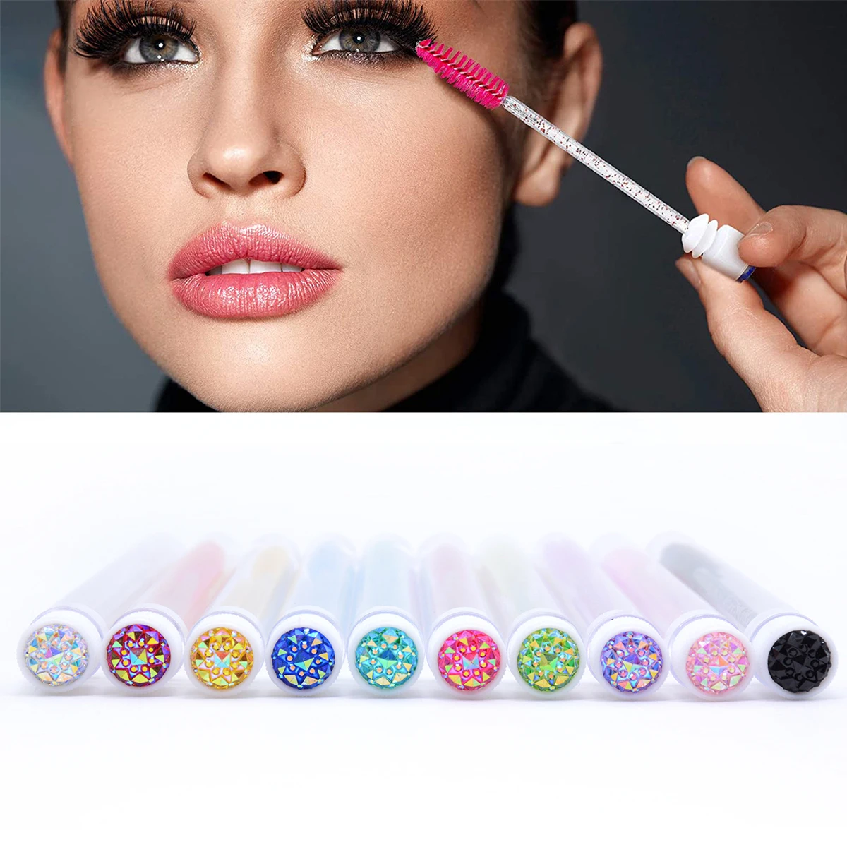 10Pcs Sparkling Reusable Eyelash Brushes Mascara Wand In Tubes Eye Lash Brushes Eyebrow Spoolie Combs With Container Case