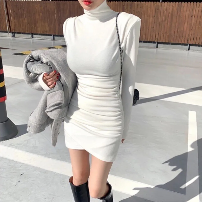 

Korean High Neck Elastic Sexy Dress Women White Long Sleeve Wrapped Hip Bottom DressesThick Warm Slim Tight Knee Above Skirt