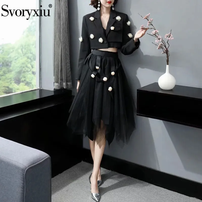 

Svoryxiu Runway Designer Autumn Black Skirt Suit Women's Long Sleeve Applique Short Blazer + Mesh Asymmetrical Skirt Sets