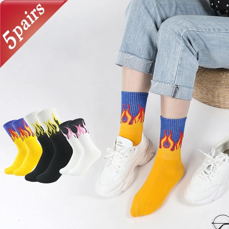 5 Pairs Unisex Socks Set Flame Personalized Autumn Thick Comfortable High-quality Socks Fashion Versatile Trendy Mid Tube Socks