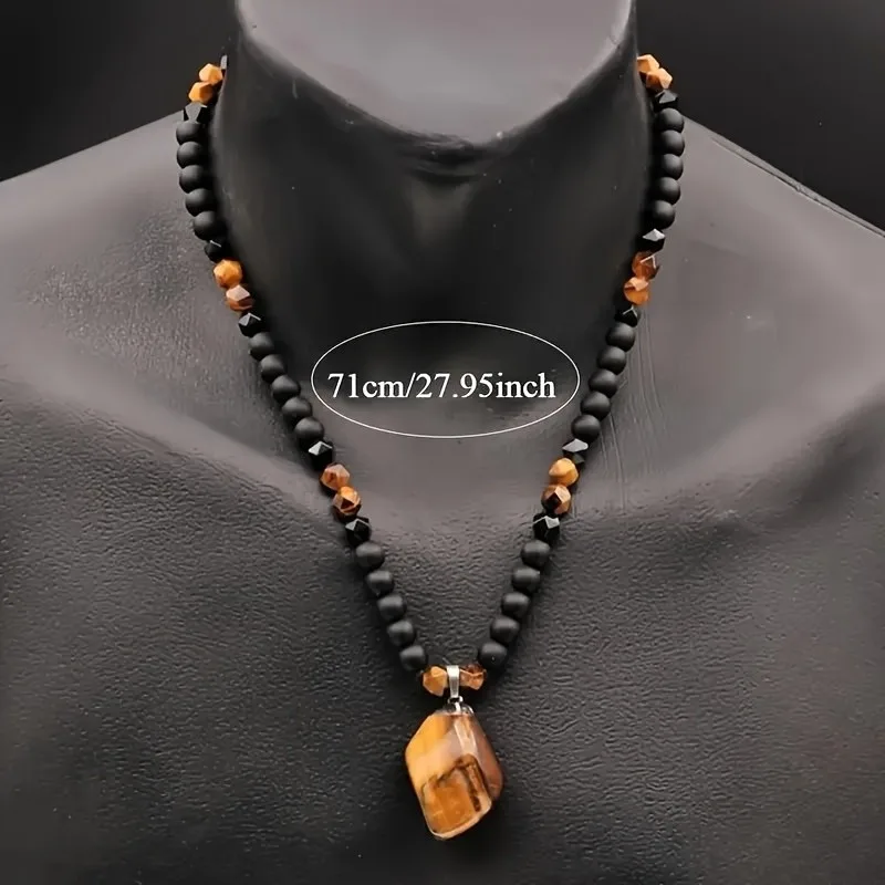 8mm Natural Tiger Eye Stone Pendant Necklace for Men - Adjustable Black Agate Beaded Long Chain, Unique Christmas Gift