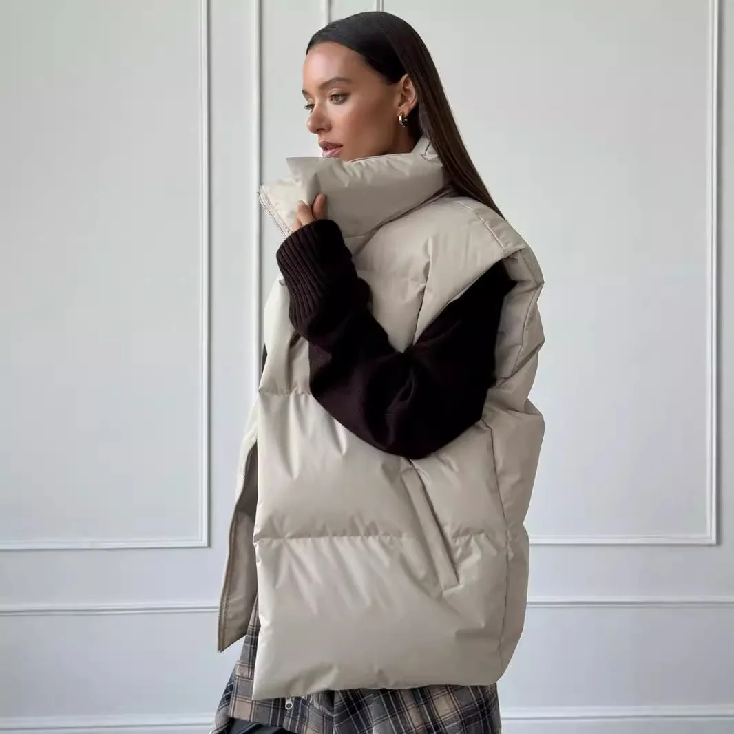 Parka sans manches à col montant pour femme, couleur unie, fermeture éclair, décontractée, tendance, nouvelle mode américaine et européenne, hiver automne