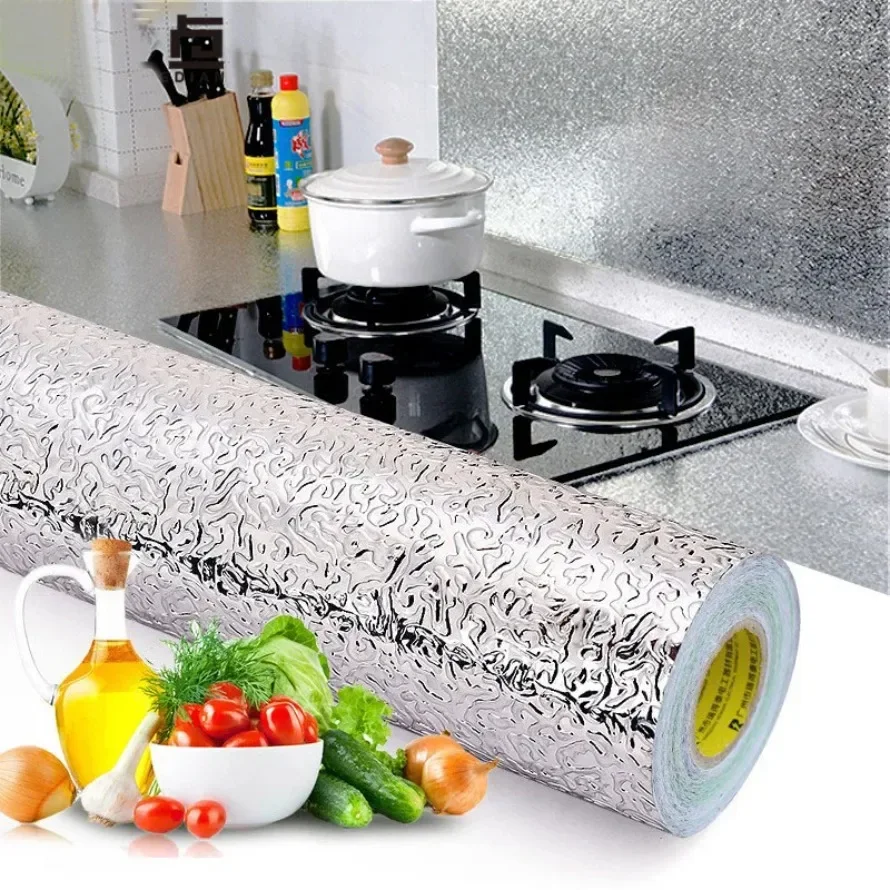 Waterproof Aluminum Foil Wallpaper Kitchen Oil Proof Stickers Cabinet Mould Proof Wall Sticker Modern Peel and Stick Wallpaper