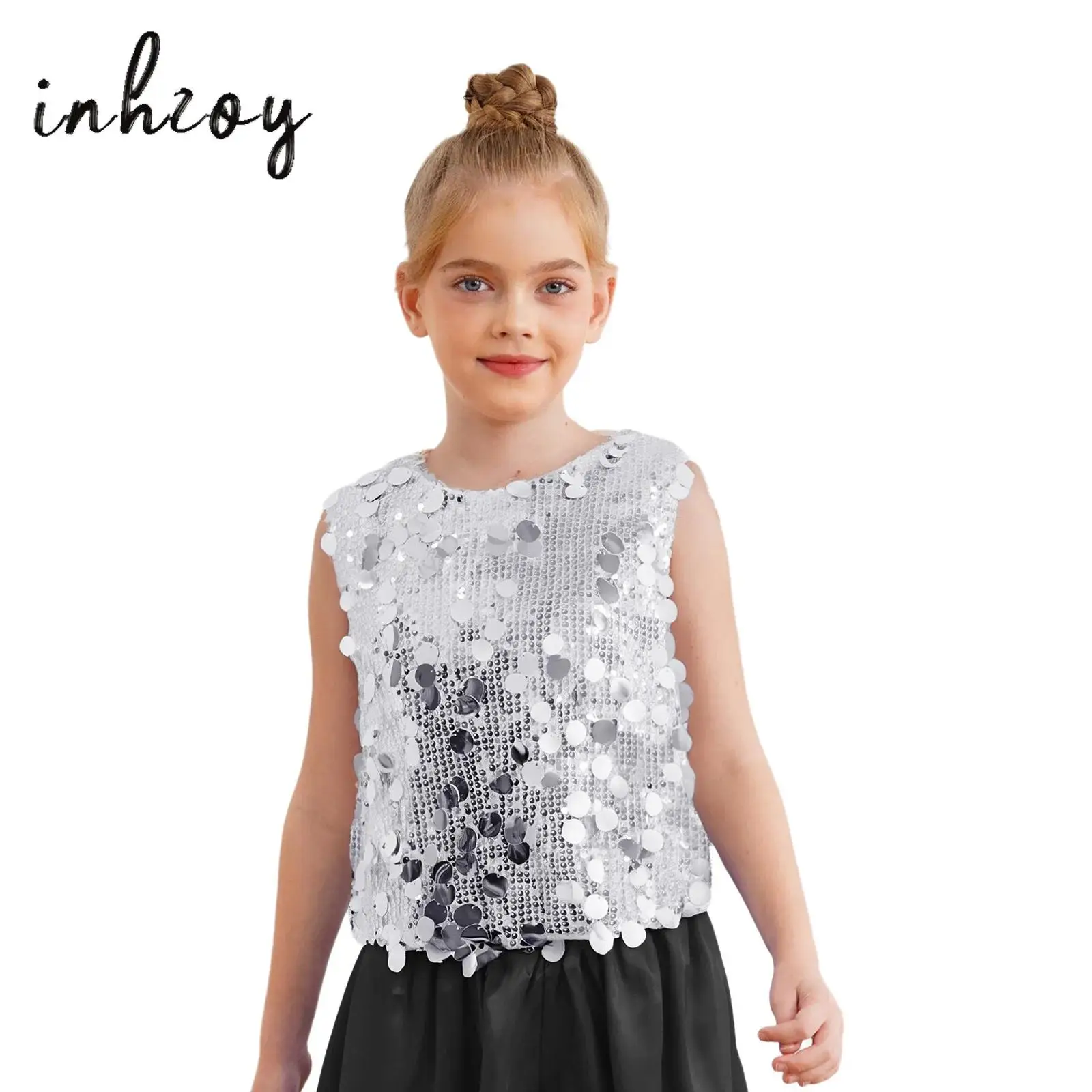 

Kids Girls Jazz Latin Dance Top Sparkling Sequins Sleeveless Tank Top Vest for Birthday Party Ballroom Dance Performance Costume