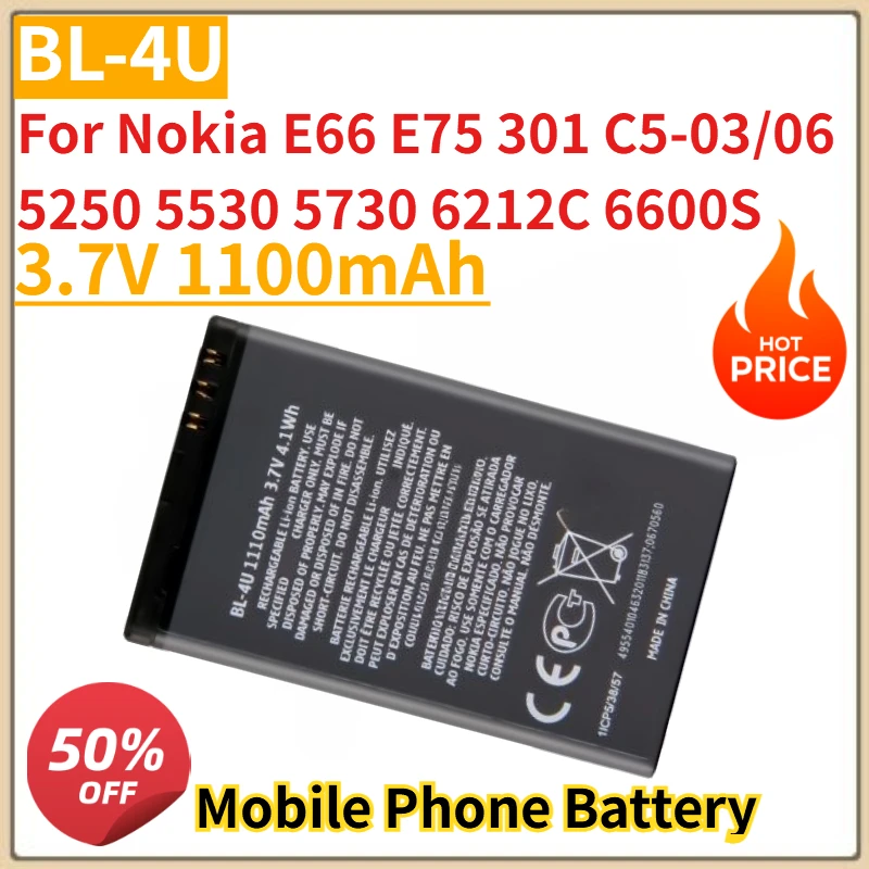 

New BL-4U Mobile Phone Battery 3.7V 1100mAh for Nokia E66 E75 301 C5-03/06 5250 5530 5730 6212C 6600S Replacement Battery
