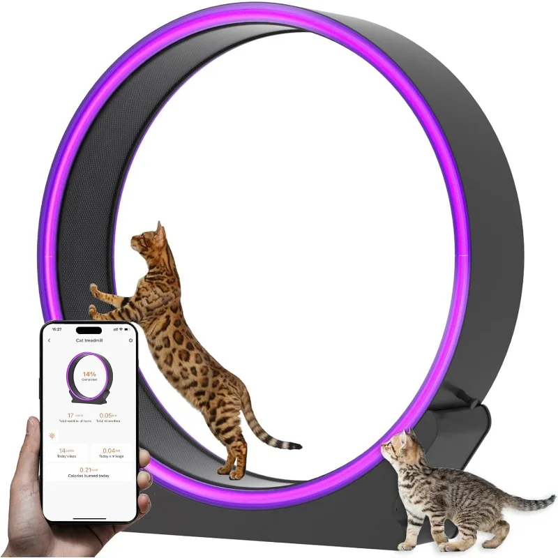 Smart LED Cat Exercise Wheel Large - 40 inch Purple ABS Plastic Cat Wheel Exerciser for Indoor Cats, Safety Cat Treadmill