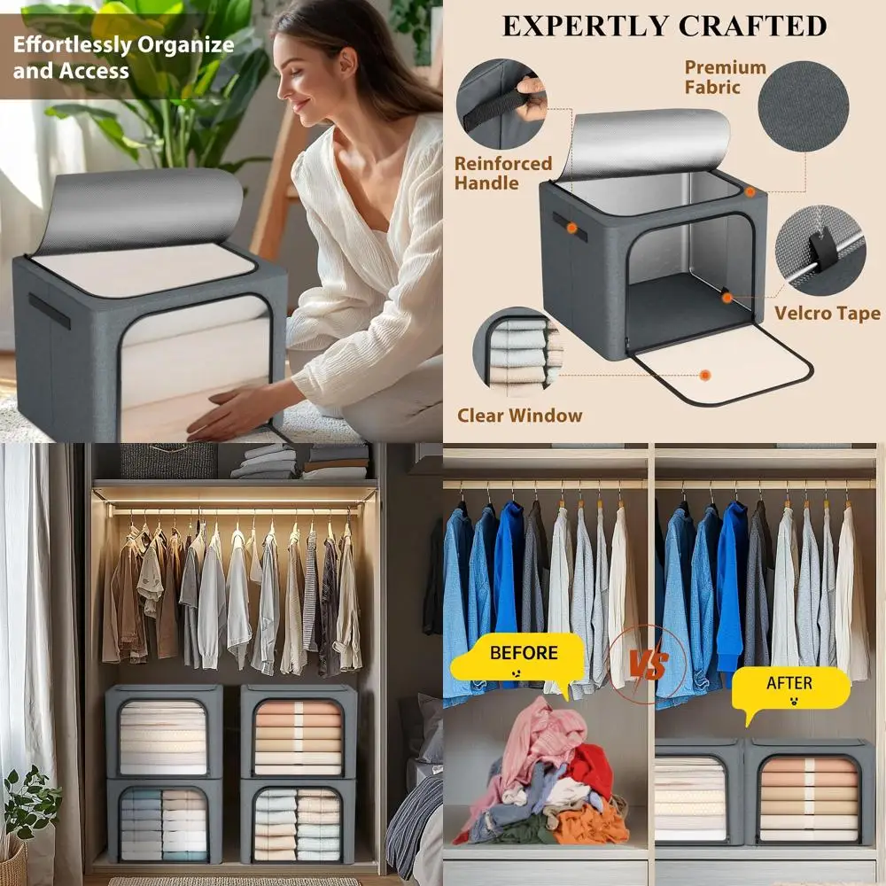 

40L Collapsible Fabric Storage Bins with Lids, Clear Windows, Zippers, and Handles for Organized Clothing Storage