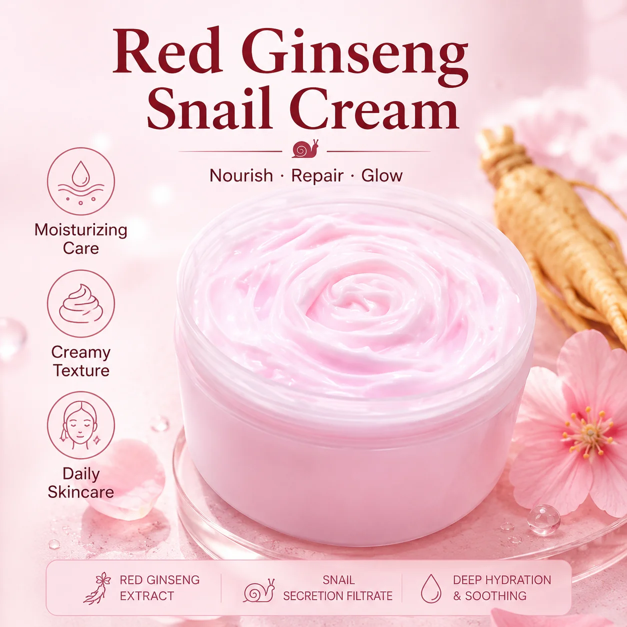 Red Ginseng Snail Facial Cream Hydrating Essence Brightening Skin Clear Acne Fade Blemish Daily Skin Care