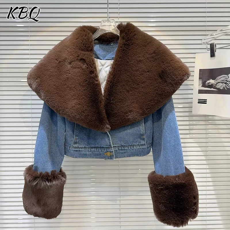 

KBQ Solid Spliced Feather Short Tops for Women Fur V Neck Long Sleeve Minimalist Chic Loose Casual Jackets Female Fashion New