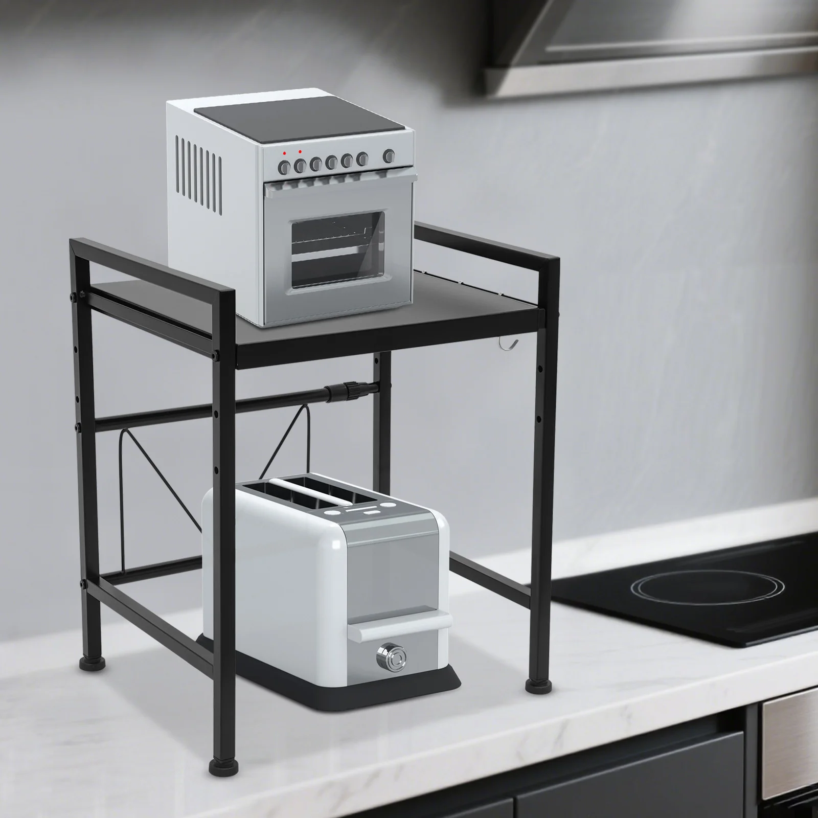 Expandable Microwave Rack, 2 Tiers Microwave Shelf, Microwave stand with 3 Hooks，for storing various kitchen utensils，save space