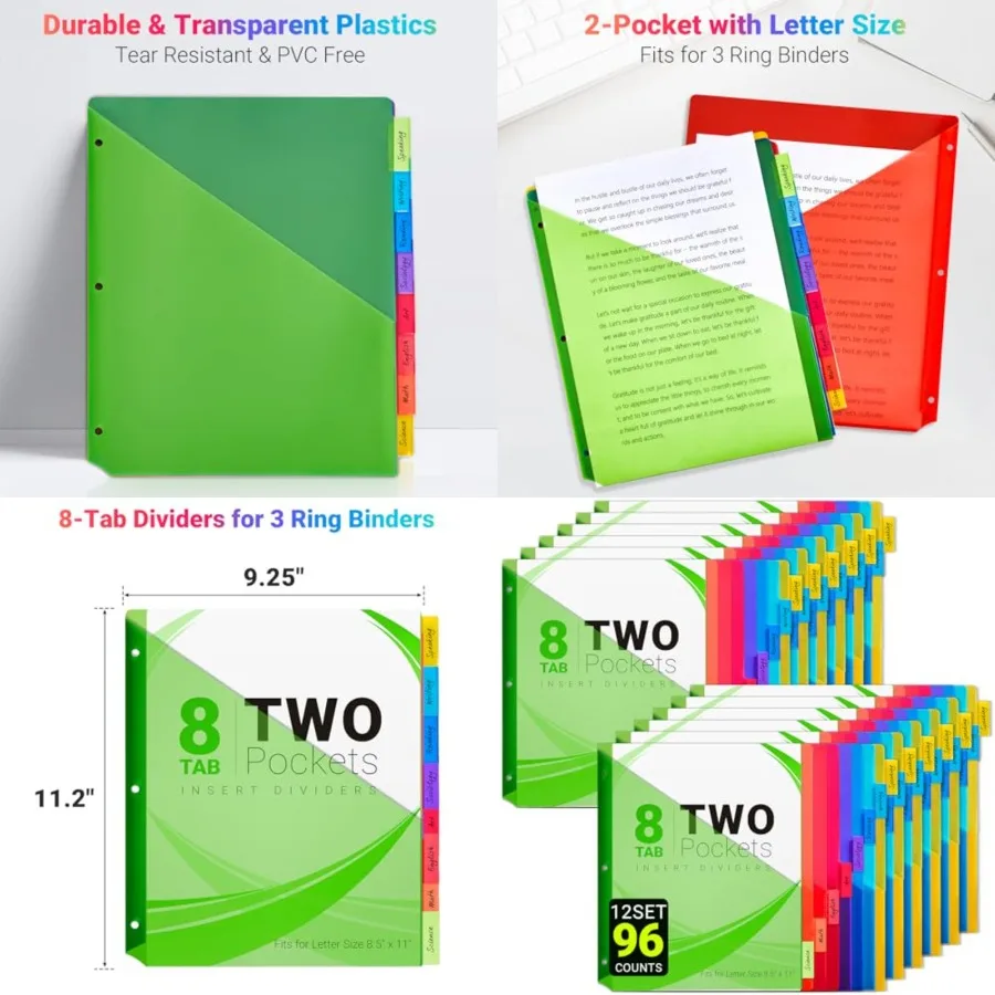 

8-Tab Dividers for 3-Ring Binders, 96 Counts 3 Holes Index Dividers with 2 Pockets, Insertable 8 Tabs Binder Divider for 1/2''/