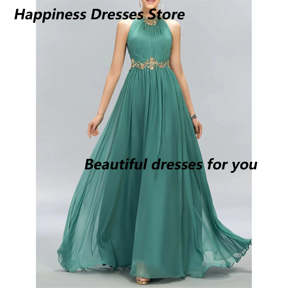 Customized High Neck Chiffon Evening Dress Exquisite Pleated Sleeveless Long Dress Sequined Applique Sparkle Formal Prom Dresses