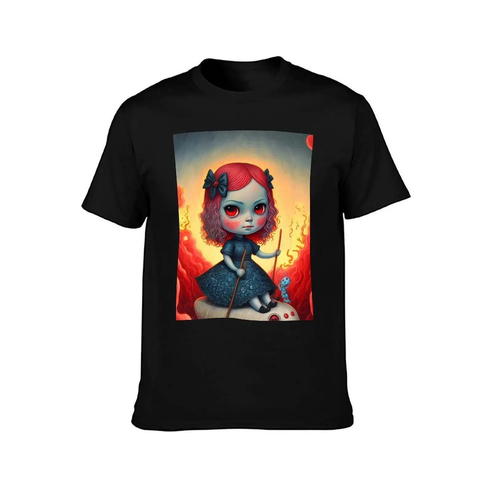 Voyage of the Crimson Waves - Surreal Doll in a Fiery Fantasy World T-Shirt Casual Fashion Print Tee Top T-Shirt