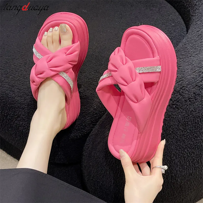 Beige slippers women luxury brand Shiny rhinestone thick-soled middle heel slippers women simple beach sandals platform slippers