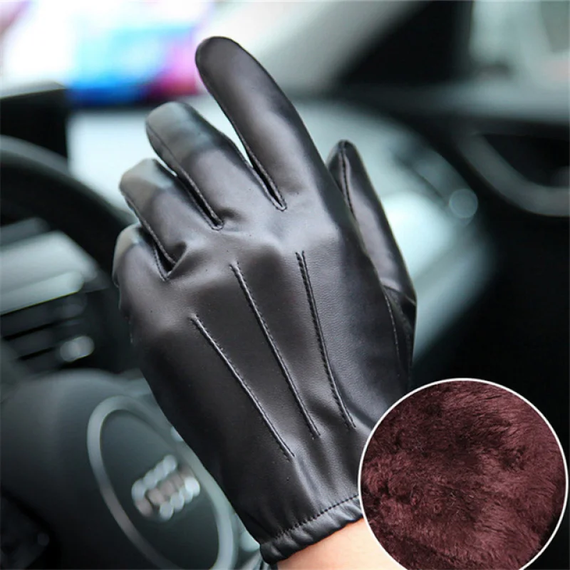 Men\'s Gloves Leather Winter Autumn Driving Keep Warm Tactical Cycling Gloves Black Outdoor Sports Waterproof Mitten