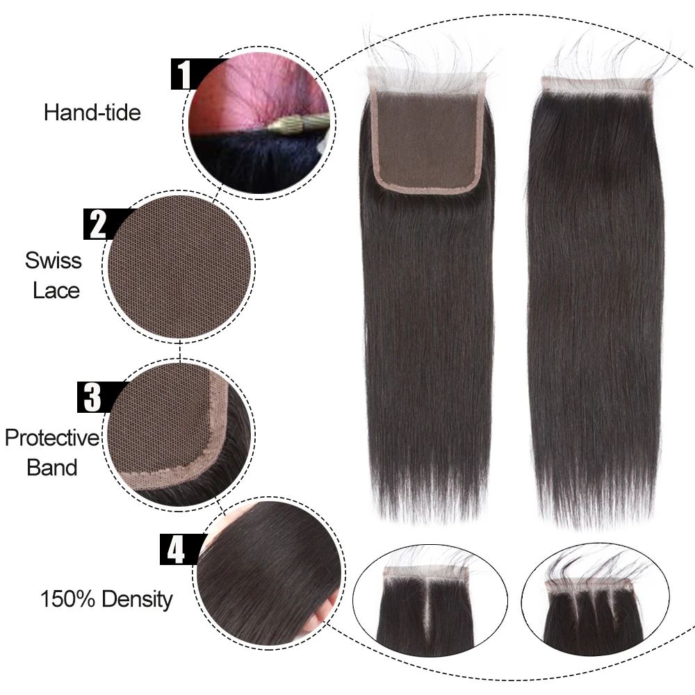 Lace Closure 4x4 Free Part Straight Lace Closure Human Hair Pre Plucked #1B Swiss Lace Closures With Baby Hair 4x4 Closure