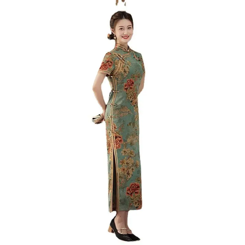 Yourqipao Plus Size Cheongsam Long Retro Republic of China Style 2023 New Summer Daily Elegant Old Shanghai migliorato vestito da donna