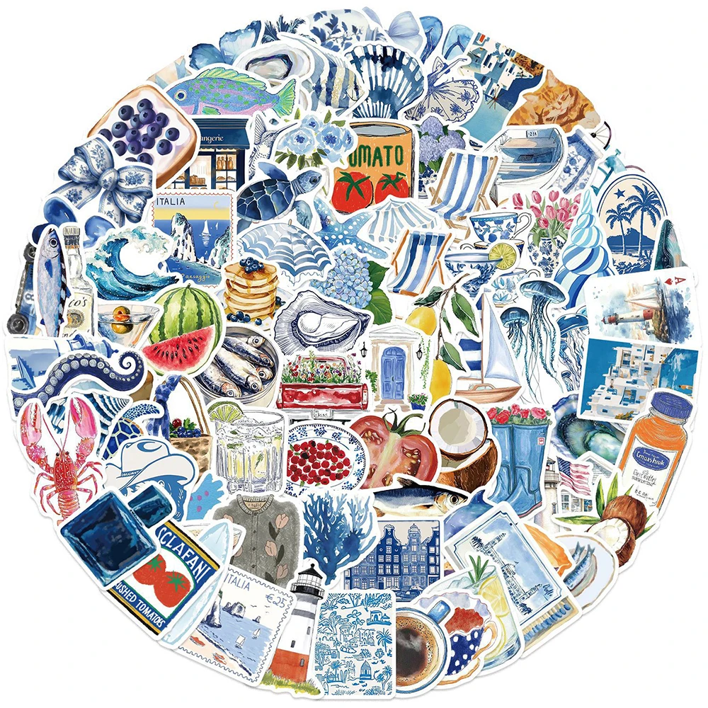 10/30/50/100 قطعة لطيف الأزرق Ins نمط الكرتون ملصقات البحر الأبيض المتوسط الجمالية الشارات حقيبة زجاجة ماء الهاتف ملصق التعبئة