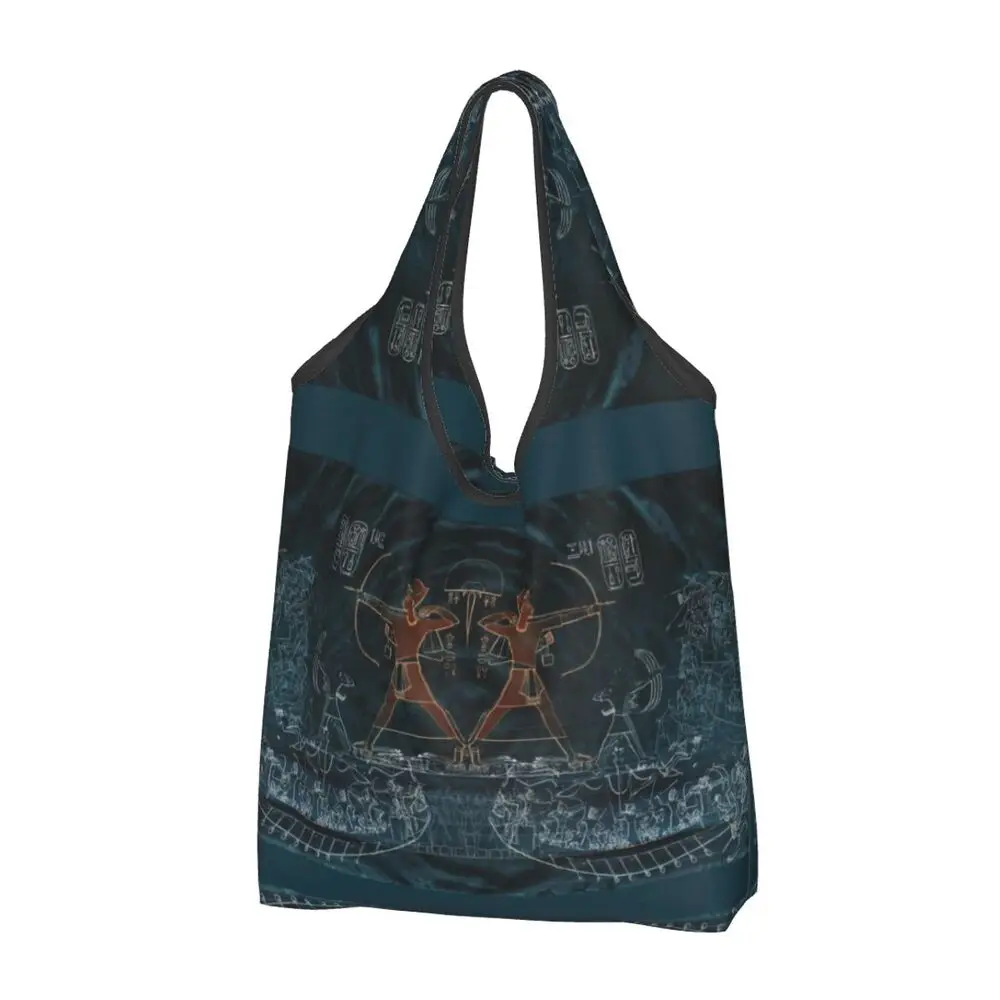 

2025 New Style Custom Reusable Egyptian Cats And Eye Of Horus Shopping Bag Women Tote Bag Portable Ancient Egypt Groceries Shopp