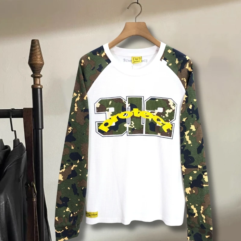 Camouflage White Patchwork Protect Waffle Long Sleeve Tshirt 312 Digital Letter Print Round Neck Pullover Cotton Men Women Tops