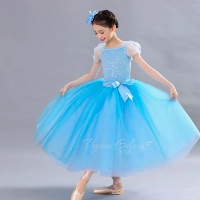 

Blue Long Tutu Dress for Girls Women Sequin Stage Performance Dancewear Adult Children Strapless Stageshows Ballet Tutu Dresses