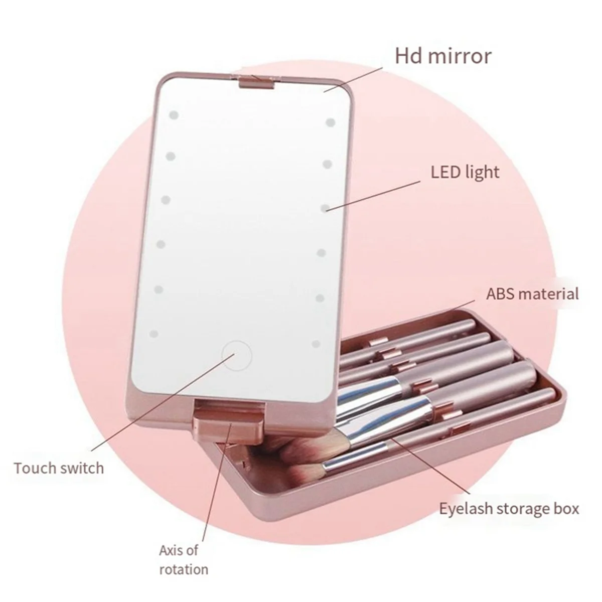 Miroir de maquillage portable avec 5 pinceaux, boîte de rangement, tactile LED, noir