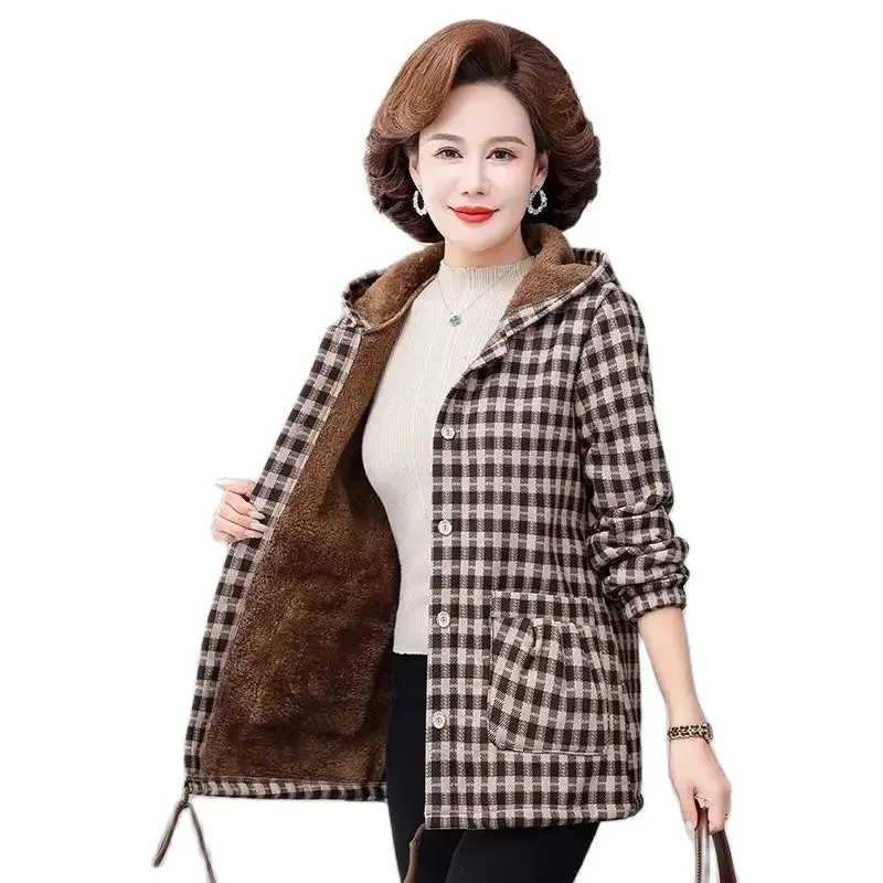 

2023 NEW Middle-Aged Elderly Women's Cotton Clothes Autumn Winter Jackets Outerwear Warm Plus Velvet Hooded Coat Female Top