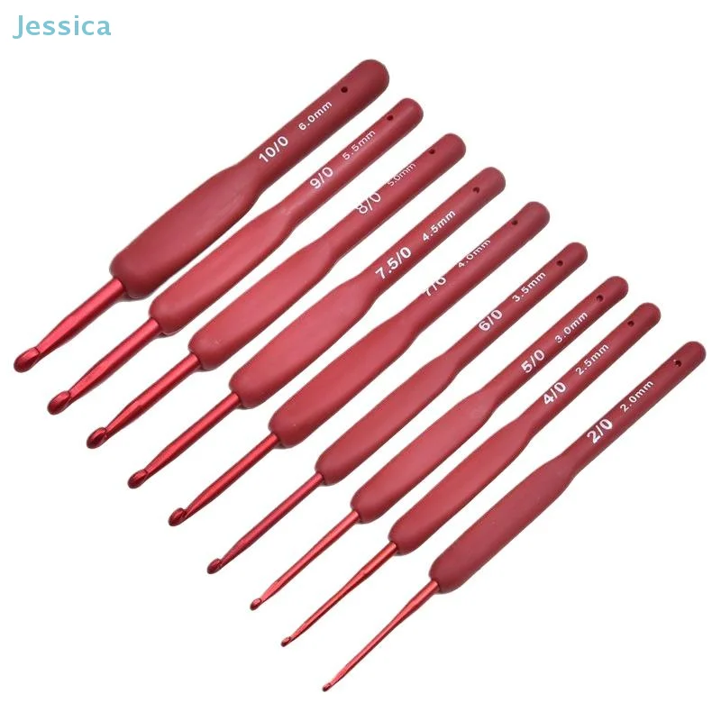 ♥ 9-teiliges rotes Häkelnadel zum Selbermachen, handgefertigtes Strickwerkzeug, Aluminiumoxid-Garnnadel 2,0–6,0 mm Häkel-Set