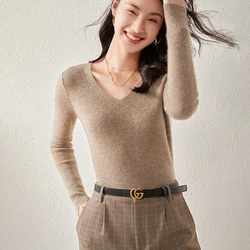 Spring Autumn Women Undershirt 100% Pure Cashmere V-Neck Pullover Ladies Knit Soft base Sweater Fashion Slim Women Clothing