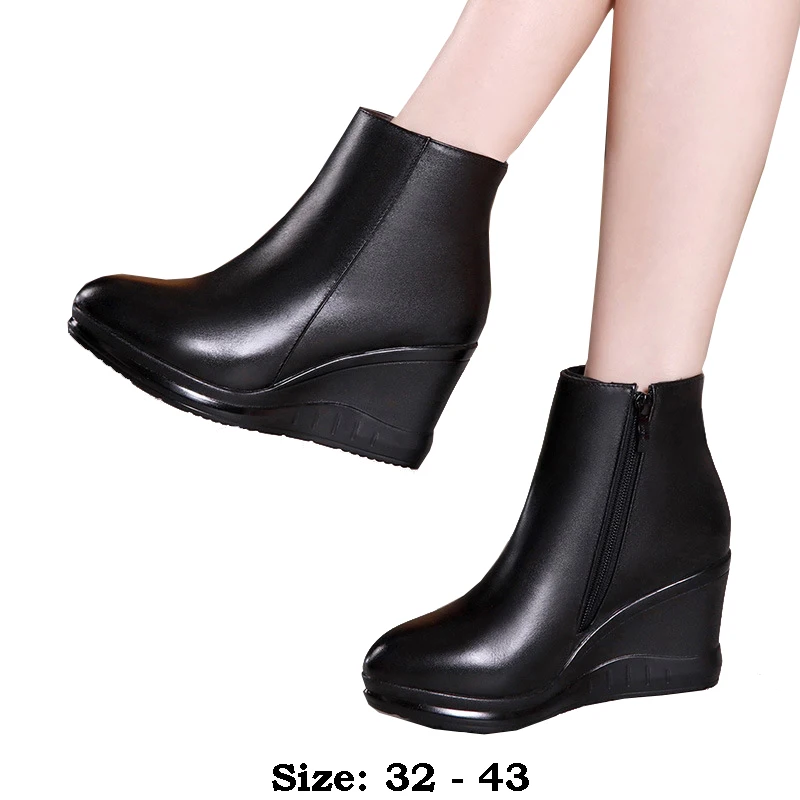 

High quality short ankle leather wedge boots for women 7cm high heel platform new 2025 autumn winter 32 33 43 elegant shoe black