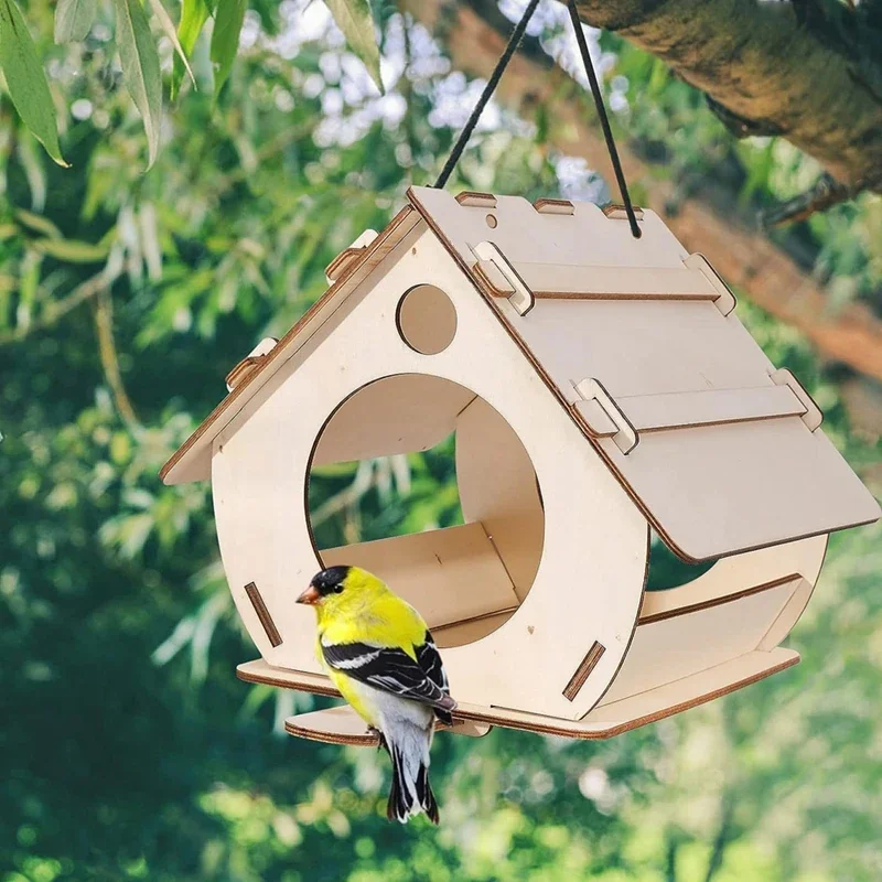 Wooden Bird Feeder House Hanging Birdhouse Outdoor Garden Decor DIY Assembly Bird Cage with Lanyard